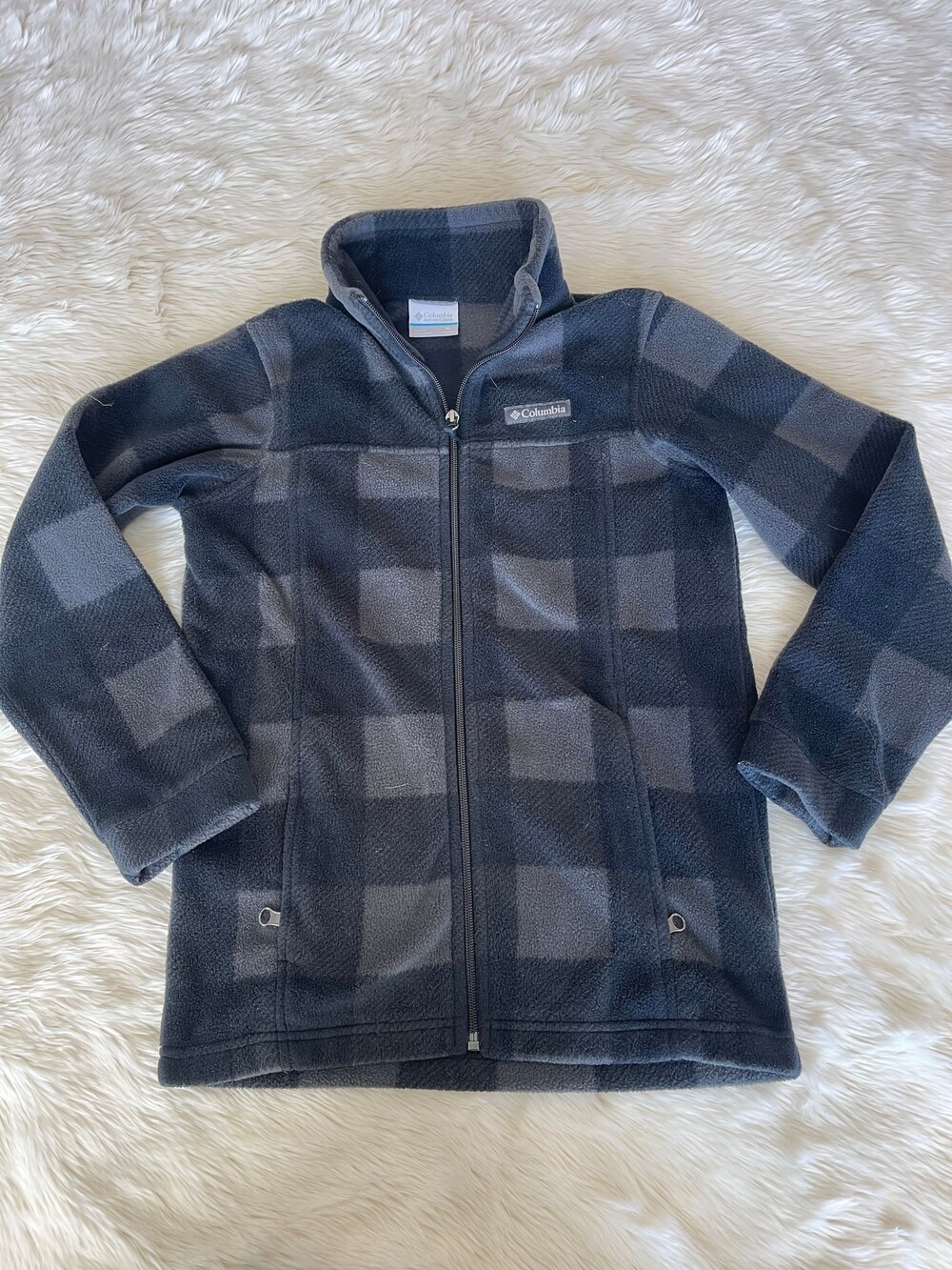 Columbia Youth Medium Black Gray Plaid Fleece Jacket Full Zip